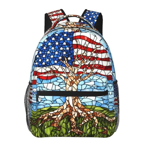 Giwawa Patriotic Tree Life Backpack for Girls Ages 4-12 American Flag Boys Backpacks for Elementary 1st 2nd 3rd 4th 5th Grade Kids School Book Bags Stained Glass - color: Patriotic Tree