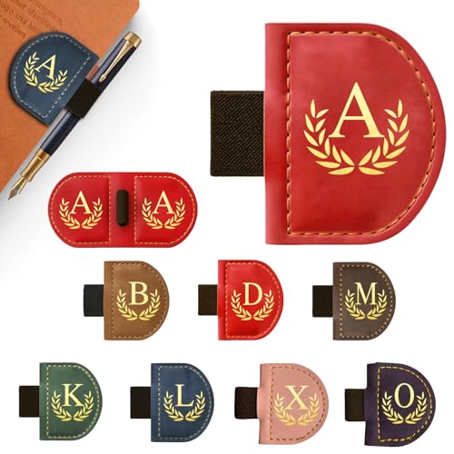 Personalized Leather Magnetic Bookmark with Pen Holder, Custom Bygone Mark Bookmark with Pen Holder, Custom Bookmarks with 26 Letters for Reading Women, Men, Teachers, Book Lovers?Red?A? - color: Red