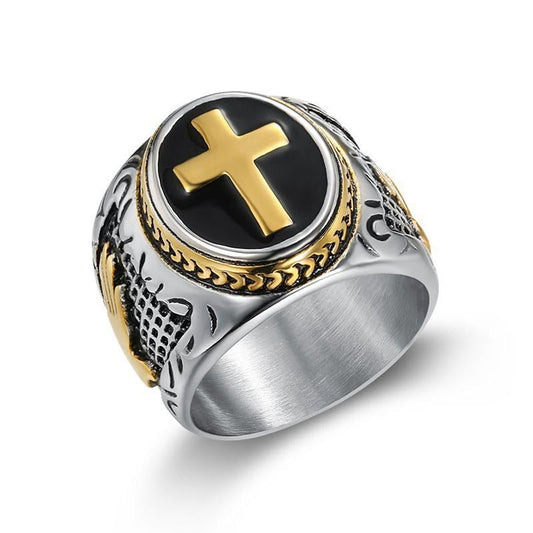Vintage Men Ring Stainless Steel Religious Prayer Holy Cross Ring with Black Enamel Christian Jewelry Size8-12 - color: Yellow Cross Ring, size: 8
