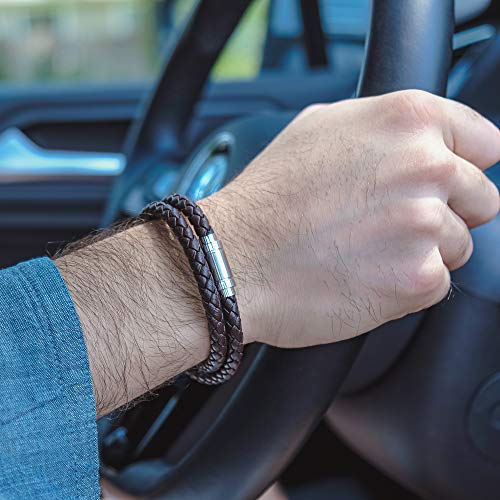 globi Leather Bracelet For Men | Genuine Wrap Braided Leather Cuff Bangle Bracelet with Magnetic Stainless Steel Clasp For Men/Women - color: Brown