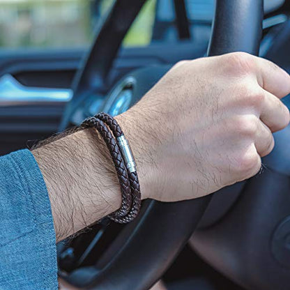 globi Leather Bracelet For Men | Genuine Wrap Braided Leather Cuff Bangle Bracelet with Magnetic Stainless Steel Clasp For Men/Women - color: Brown