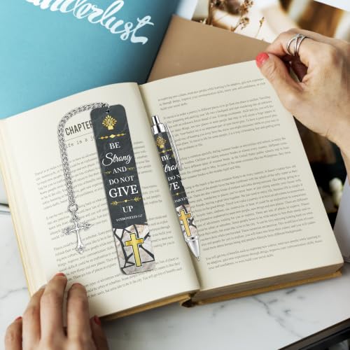 Christian Bookmark Gift Set, Metal Book Mark and Pen for Bible Reading - style: Religious Dark Teal