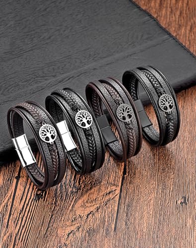 YL Mens Cross Viking Celtic Ankh Odin Compass Life Tree Leather Bracelet, 18K Gold/Black Rhodium Stainless Steel Christian Religious Protection Talisman Brown Cuff Handcrafted Jewelry Gifts - color: 18K White Gold-Life Tree-Black, size: 8.3"(210mm)