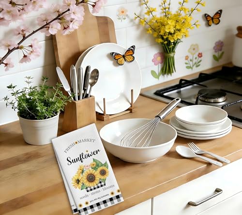 Sunflower Kitchen Towels, Black White Buffalo Plaid Gifts For Women, 09 - color: Yellow Sunflower