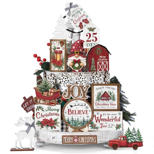 Vercraft Christmas Tiered Tray Decor Xmas Wooden Table Decor, Wonderful - style: Wonderful