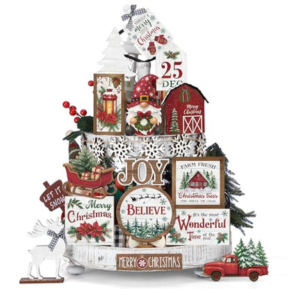 Vercraft Christmas Tiered Tray Decor Xmas Wooden Table Decor, Wonderful - style: Wonderful