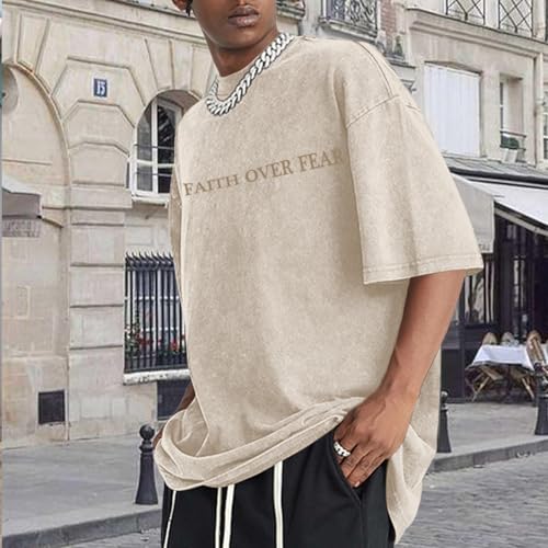 Christian Faith Over Fear Shirt for Men Jesus Religious Shirts Oversized Graphic Tees Acid Wash God T-Shirt - color: Apricot, size: X-Small