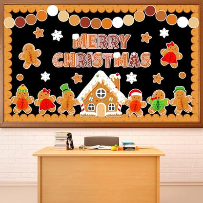 3D Christmas Honeycomb Bulletin Board Gingerbread Bulletin Board Set Christmas Classroom Decorations Gingerbread Winter House Paper Cutouts for Xmas Winter Holiday Home School Classroom Wall Decor - style: Gingerbread