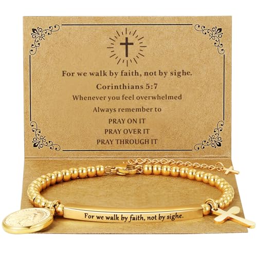 DS Women Christian Charm Bracelet,Cross Scripture Stainless Steel Jewelry - style: For we walk by faith, not by sight.-Gold