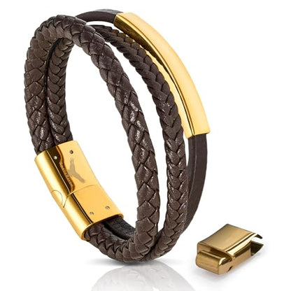 RogueRaven Black Leather Bracelet for Men – Premium Collection – Brown Black Gold Silver | Genuine Leather Mens Bracelet with Stainless Steel Clasp [Adjustable] | In Luxury Gift Box - color: Brown gold