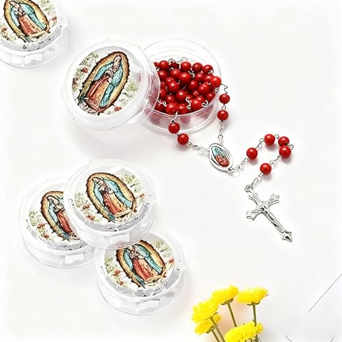 48 Pcs Scented Rosary Necklace Set with Gift Box – Wooden Bead Rosary with Crucifix for Women & Men, First Communion, Baptism, Party Favors - color: Red