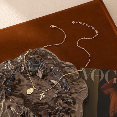 Rotnso Cross Necklace for Women 14K Gold Plated Dainty Small Pendant Choker - style: Virgin Mary Cross-GD