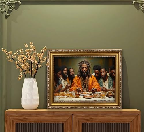 Vintage Gold Framed Black Jesus Canvas Wall Art Modern African American The Last Supper Painting Picture Wall Decor Black Man Christian Poster Print Artwork for Kitchen Dining Living Room Decoration - color: Gold Framed, size: 24L"x16W"