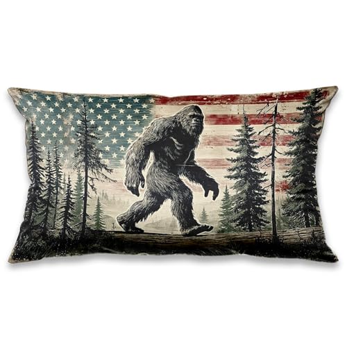 Patriotic Sasquatch Pillow Cover 20x12, Vintage American Flag Forest Bigfoot Decor, Rustic Patriotic Decorative Throw Pillow Cover for Home Bedroom Living Room Sofa Couch - color: 33 Color