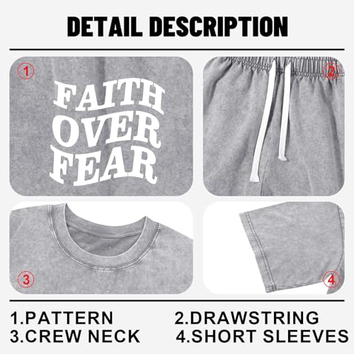 Men's Christian Shirt and Shorts Set Oversized Faith Over Fear T Shirt Washed Religious Bible Verse 2 Piece Outfits - color: Light Gray, size: Small