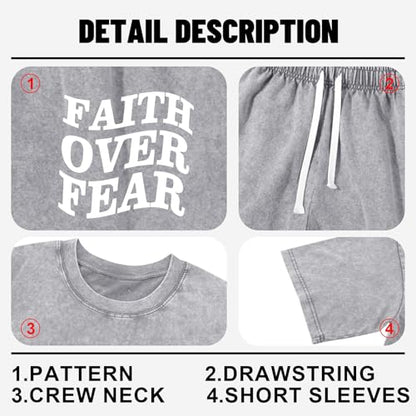 Men's Christian Shirt and Shorts Set Oversized Faith Over Fear T Shirt Washed Religious Bible Verse 2 Piece Outfits - color: Light Gray, size: XX-Large