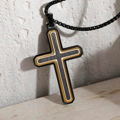 Wooden Cross Necklace for Men With Stainless steel And Black Ebony Adjustable Box Chain 24–26 inches Suitable for Everyday Wear And Christian Gifts for Men - color: Gold-D