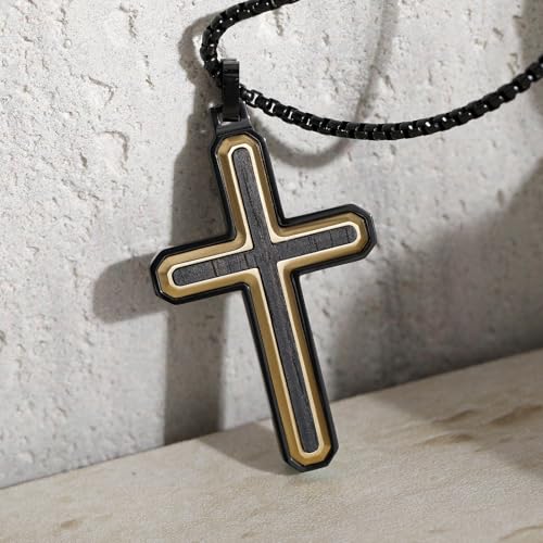 Wooden Cross Necklace for Men With Stainless steel And Black Ebony Adjustable Box Chain 24–26 inches Suitable for Everyday Wear And Christian Gifts for Men - color: Gold-D