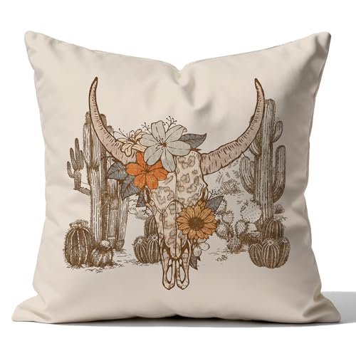 Boho Western Cow Skull Pillow Cover 18x18 Double-Sided, Western Home Decor, Vintage Southwest Leopard Bull Skull Decorative Pillowcase Throw Pillow Cover for Couch Bed - color: Color-3
