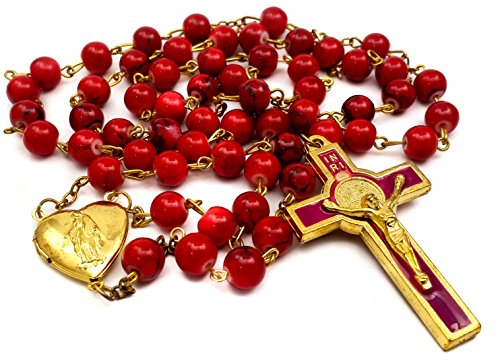 Nazareth Store Red Coral Glass Beads Rosary Catholic Saint Benedict Prayer Beaded Necklace with Miraculous Heart Shaped Locket Medal & Jesus Cross - color: Red