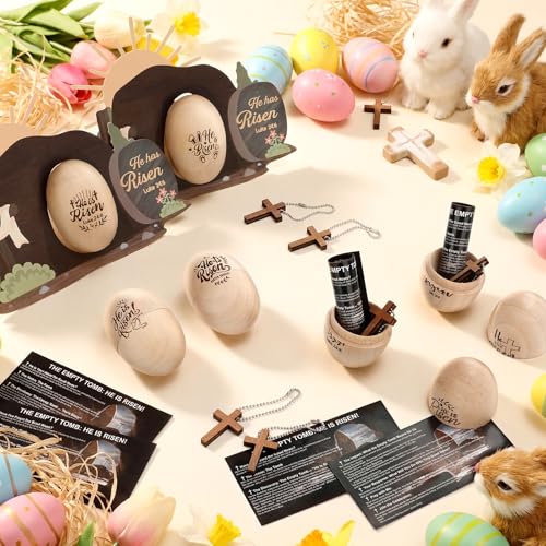 6 Set/24 Pcs Easter Christian Egg Easter Basket Stuffer Wooden Egg Easters Empty Tomb with Prayer Card Religious He is Risen Decoration Table Centerpiece Gift for Church Home Tiered Tray