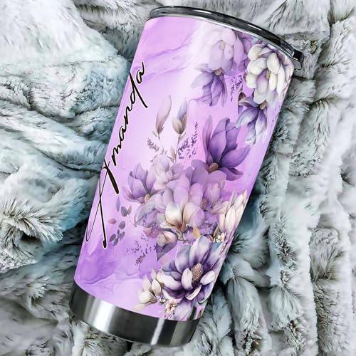 Personalized Floral Tumbler Custom Name Flower Insulated cups Travel Coffee Mug with Lids Stainless Steel 20 30 Oz Purple Gifts for Women Girl Birthday - color: Flower 628