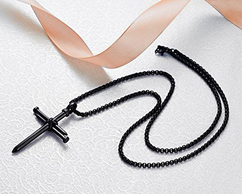 Men's Stainless Steel Nail Cross Pendant Necklace With 24 Inch Chain - color: Black