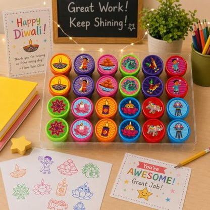 Cinrobiye 24 Pcs Diwali Stampers Party Favor Set, Cute Festival of Lights Stamps for Kids Diwali Celebration, Classroom Rewards, Cultural Party Supplies, Goody Bag Fillers, Holiday Party Favors - color: Diwali