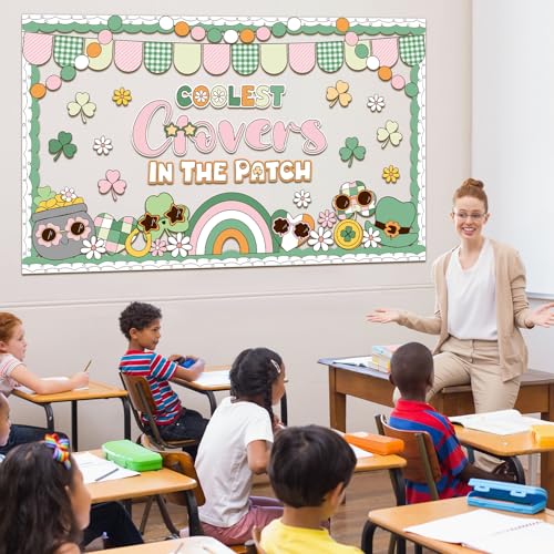 St. Patrick's Day Bulletin Board Decoration Boho Hippie Groovy Classroom Bulletin Board Set Lucky Shamrock Clover Rainbow Daisy Flower Paper Cutouts for Irish Holiday School Chalkboard Wall Door Decor - style: Shamrock