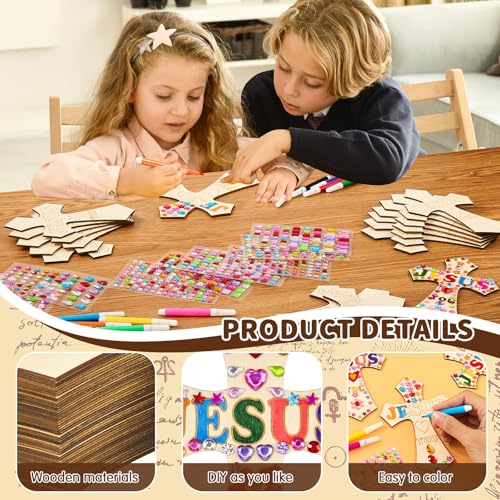 PLUVAVA 36 Sets Wood Cross Crafts DIY Wooden Cross for Christian Jesus Sunday School Vacation Bible School Crafts Supplies with 14 Pieces Stickers and 24 Pieces Watercolor Pens (Exquisite Style) - size: ExquisiteStyle