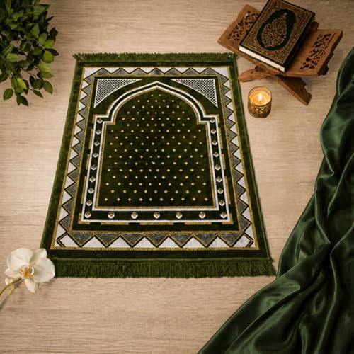 Velvet Muslim Prayer Mat Set, Soft Salah Rug, Islamic Gift for Men & Women (KHAKIGREEN) - color: Khaki Green
