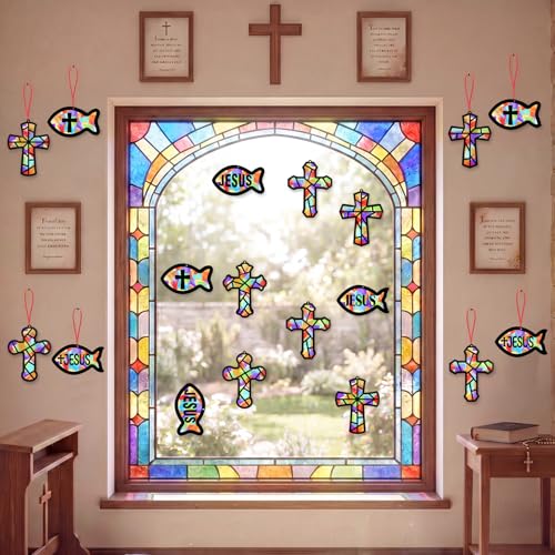 Renbuzhu 48PCS Sunday School VBS Crafts Bulk: Paper Cross Fish Nativity Suncatchers, Jesus Religious Christian Activity DIY Kits Church Decorations, Window Stained Glass Effect Art Supplies - style: jesus fish and cross