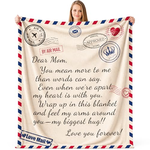 Birthday Gifts for Mum from Daughter Son,to My Mom Soft Throw Blanket, Custom Air Mail Love Letter Dear Mother Cozy Flannel Blanket Presents for Mom 50x60 Inches - color: Off-white(letter-english）