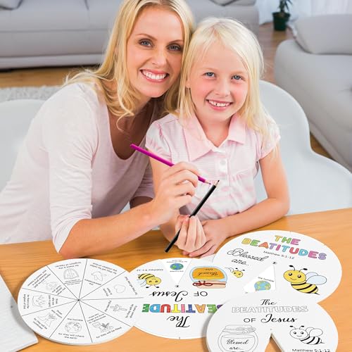 COcnny Religious Coloring Wheel Craft - 24 Sets Beatitudes Christian Craft for Kid, Color Your Own Jesus Art Kit, Biblical Bee DIY Crafts for Sunday School Classroom Church Activities VBS Supplies - style: Beatitudes