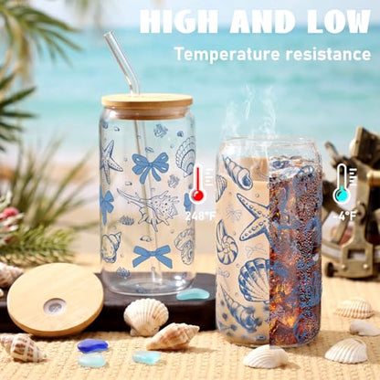 Teenyyou 12 Set of Shell Glasses with Bamboo Lid and Glass Straw 16 oz Summer Drinking Cup Beer Iced Coffee Cup Tumbler Mugs for Teacher's Day Gift Holiday Party Office - style: Shell