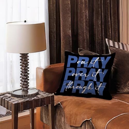 Black Blue Christian Pray Decorative Throw Pillow Covers, Bible Verse Scripture Pillows Covers,Pray on It over It through It Pillow Cases Decor for Prayer Room Dorm Couch Bedroom Boys 18x18in - color: Black&blue