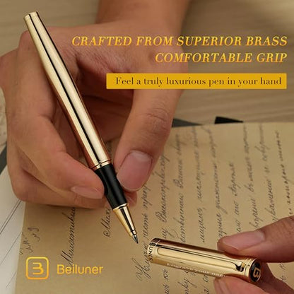 BEILUNER Luxury Personalized Gold Rollerball Pen, Stunning 24K Gold Finish, Noble and Elegant Designs,Schneider Refill, Fancy Gift Set for Men & Women, Executive Writing, Office, Nice Graduation Gift - color: Gold (Personalized)