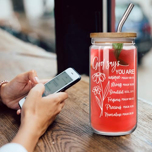 God Says You Are Glass with Bamboo Lid and Straw, Christian Bible Verse Floral Bible Verse Christmas Gift for Women, Inspirational Floral Christian Religious Gifts for Friend Bestie Mom Wife 16OZ