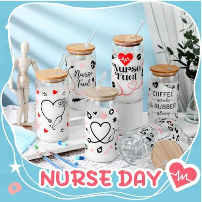 SiliFine 6 Pcs Nurse Gift Glass Cups, 16 oz with Lids and Straws - style: Nurse