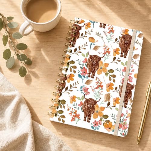 Highland Cow Lined Spiral Notebook, Pretty Hardcover Journal 6'' x 8.4'', Highland Cow Gifts for Women, Writing Notebook - color: highland cow-01