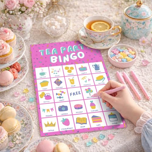 Markt Birthday Party Games for Kids, Girls Birthday Games, Kids Bingo Game, Pink Game, Tea Party Favors (20 Pink Bingo Cards) - color: Tea Party Bingo – Pink
