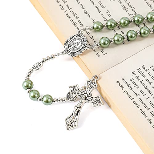 Nazareth Store Pearl Beads Rosary Miraculous Prayer Necklace Strong Metal Mystery Beaded Rosary for Men & Women - color: Green