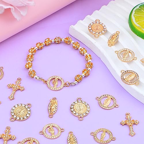 30pcs Golden Alloy Mixed Rhinestone Religious Cross and Center Miraculous Medal Charms Our Lady Virgin Mary Jesus Pendant Links for DIY Rosary Beads Necklace Jewelry Making, 6 Styles