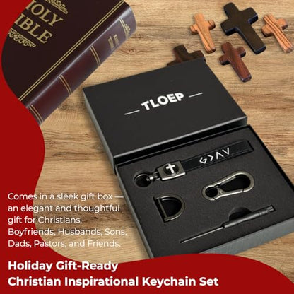 Christian Cross Leather Keychain for Men – Christian Gift for Dad Husband Son - color: Black – God is Greater (Gift Box)