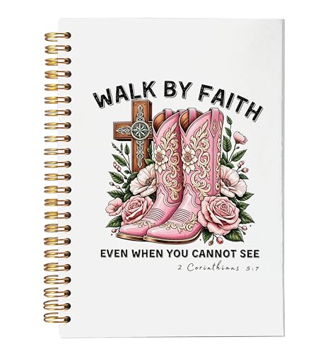 VNWEK Pink Christian Western Cowgirl Spiral Notebook Journal 5.5x8.3 Inch, Christian Cowgirl Gifts for Women Journal, 2 Corinthians 5:7 Bible Scripture Lined Hardcover Spiral Notebook - color: Pink Christian Western Cowgirl