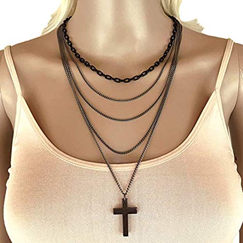 PPX Multilayer Gothic Retro 80s Black Long Chain Fashion Cross Necklace and Stainless Steel Dangling Cross Earrings for Men Women-with Storage Box