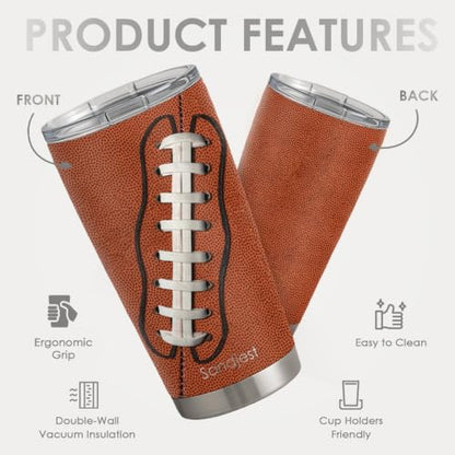 SANDJEST Football Tumbler 20oz Stainless Steel Insulated, Travel Coffee Cup, Sport Tumblers Gifts for Football Lovers, Men Women, Coach, Birthday, Christmas - color: Football