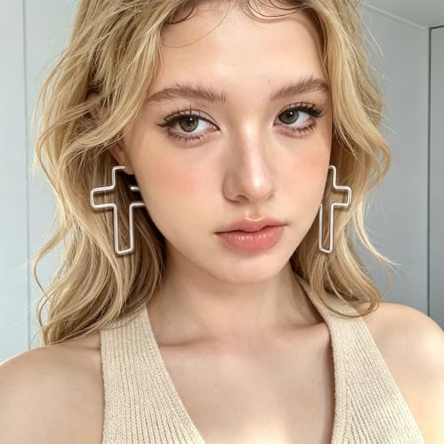 Cross Hoop Earrings for Women Trendy Large Cross Rhinestone Sparkly Hoop Earings Prom Wedding Party Formal Jewelry - color: silver T5