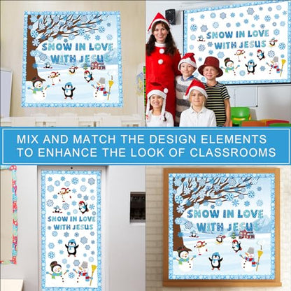 Winter Bulletin Board Decoration Set with Background Paper & Borders Cutouts for Christian Sunday School Classroom Church Decor Christmas Snow in Love with Jesus Bulletin Board Craft Home Wall(Winter) - style: Snow in Love with Jesus
