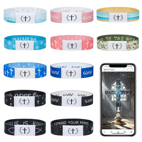 12Pcs Daily Bible Verse Bracelets for Women, Elastic Jesus Christian Bracelets Bulk with NFC Scan Inspirational Scripture Bracelet Christian Religious Easter Gifts for Women Men - style: Cross pattern